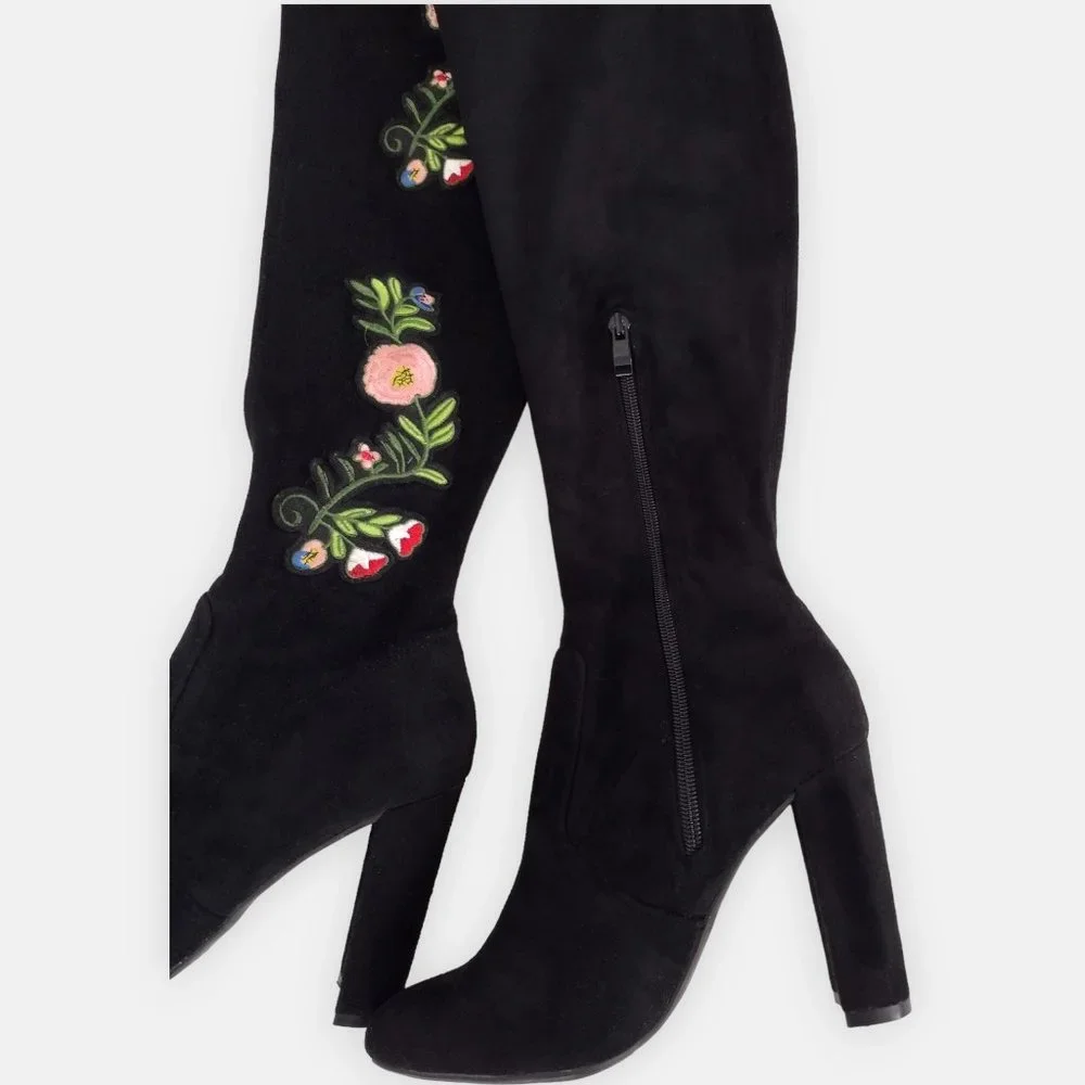 Top Moda Black Suede Floral Embroidered Over The Knee Boots 8.5